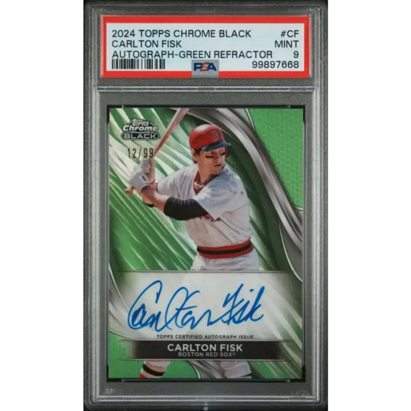 2024 Topps Chrome Black Refractor Green #CBA-CF Carlton Fisk PSA 9 MINT Auto 12/99 Boston Red Sox Baseball Card
