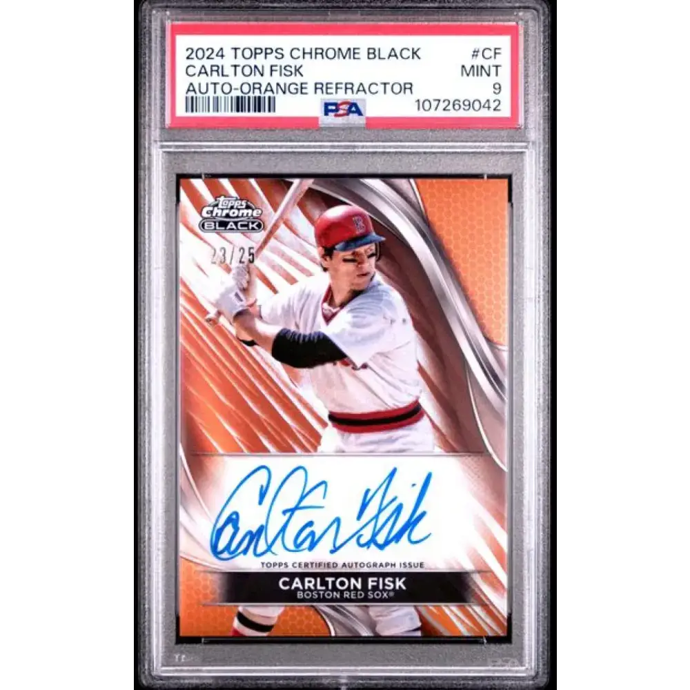 2024 Topps Chrome Black Refractor Orange #CBA-CF Carlton Fisk PSA 9 MINT Auto 23/25 Boston Red Sox Baseball Card