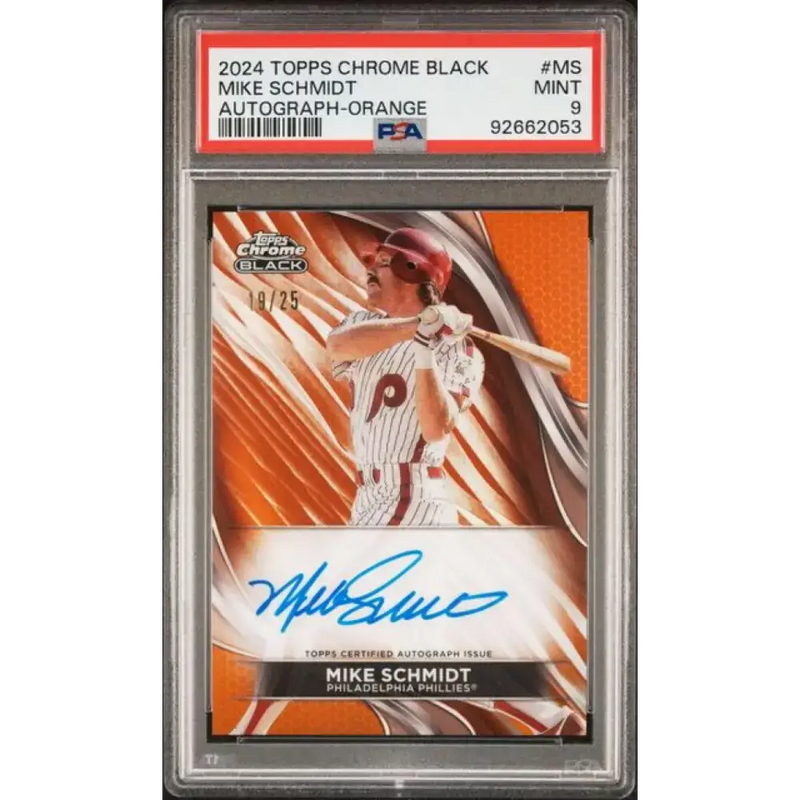 2024 Topps Chrome Black Refractor Orange #CBA-MS Mike Schmidt PSA 9 MINT Auto 19/25 Philadelphia Phillies Baseball Card