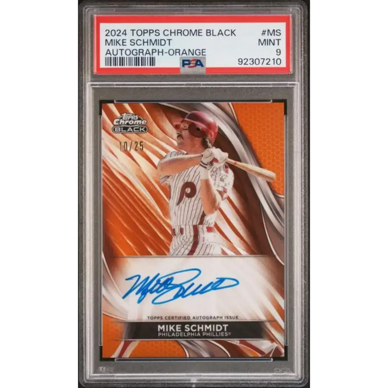 2024 Topps Chrome Black Refractor Orange #CBA-MS Mike Schmidt PSA 9 MINT Auto 18/25 Philadelphia Phillies Baseball Card