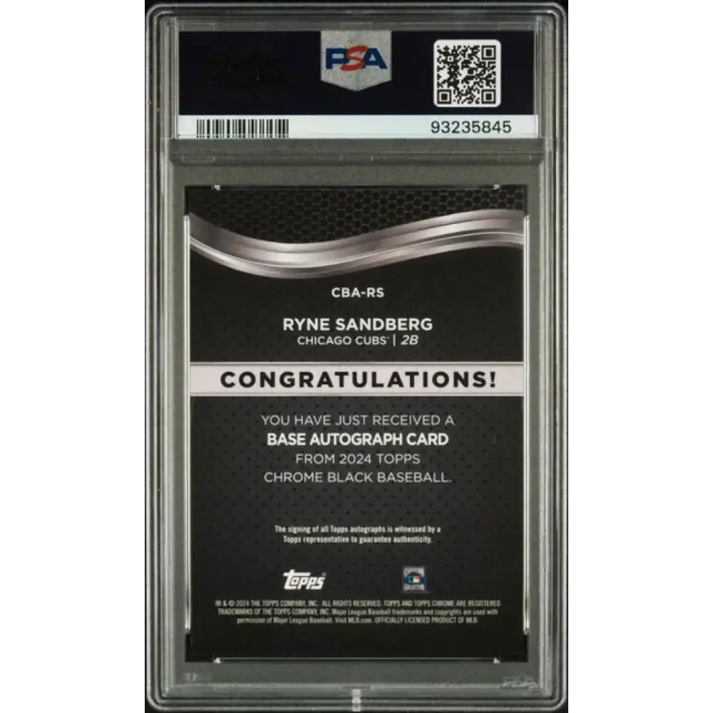 2024 Topps Chrome Black Refractor Orange #CBA-RS Ryne Sandberg PSA 10 GEM MINT Auto 20/25 Chicago Cubs Baseball Card