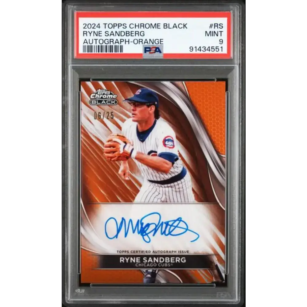 2024 Topps Chrome Black Refractor Orange #CBA-RS Ryne Sandberg PSA 9 MINT Auto 8/25 Chicago Cubs Baseball Card
