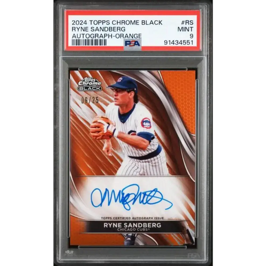 2024 Topps Chrome Black Refractor Orange #CBA-RS Ryne Sandberg PSA 9 MINT Auto 8/25 Chicago Cubs Baseball Card