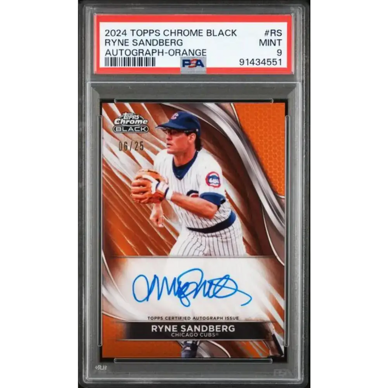 2024 Topps Chrome Black Refractor Orange #CBA-RS Ryne Sandberg PSA 9 MINT Auto 8/25 Chicago Cubs Baseball Card