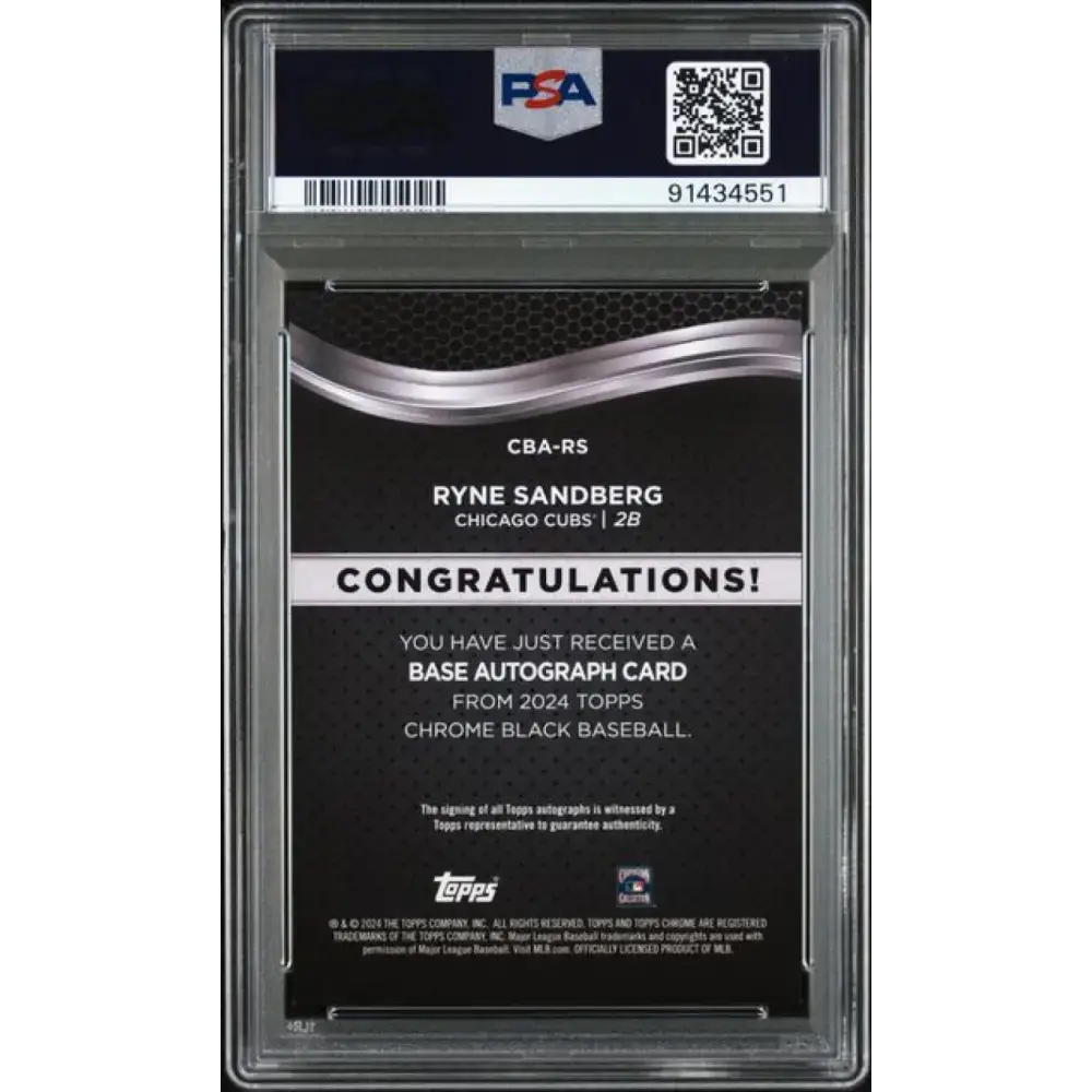 2024 Topps Chrome Black Refractor Orange #CBA-RS Ryne Sandberg PSA 9 MINT Auto 8/25 Chicago Cubs Baseball Card