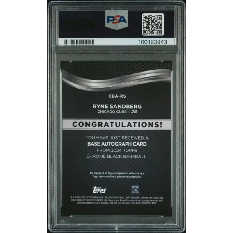 2024 Topps Chrome Black Refractor Orange #CBA-RS Ryne Sandberg PSA 9 MINT Auto 12/25 Chicago Cubs Baseball Card