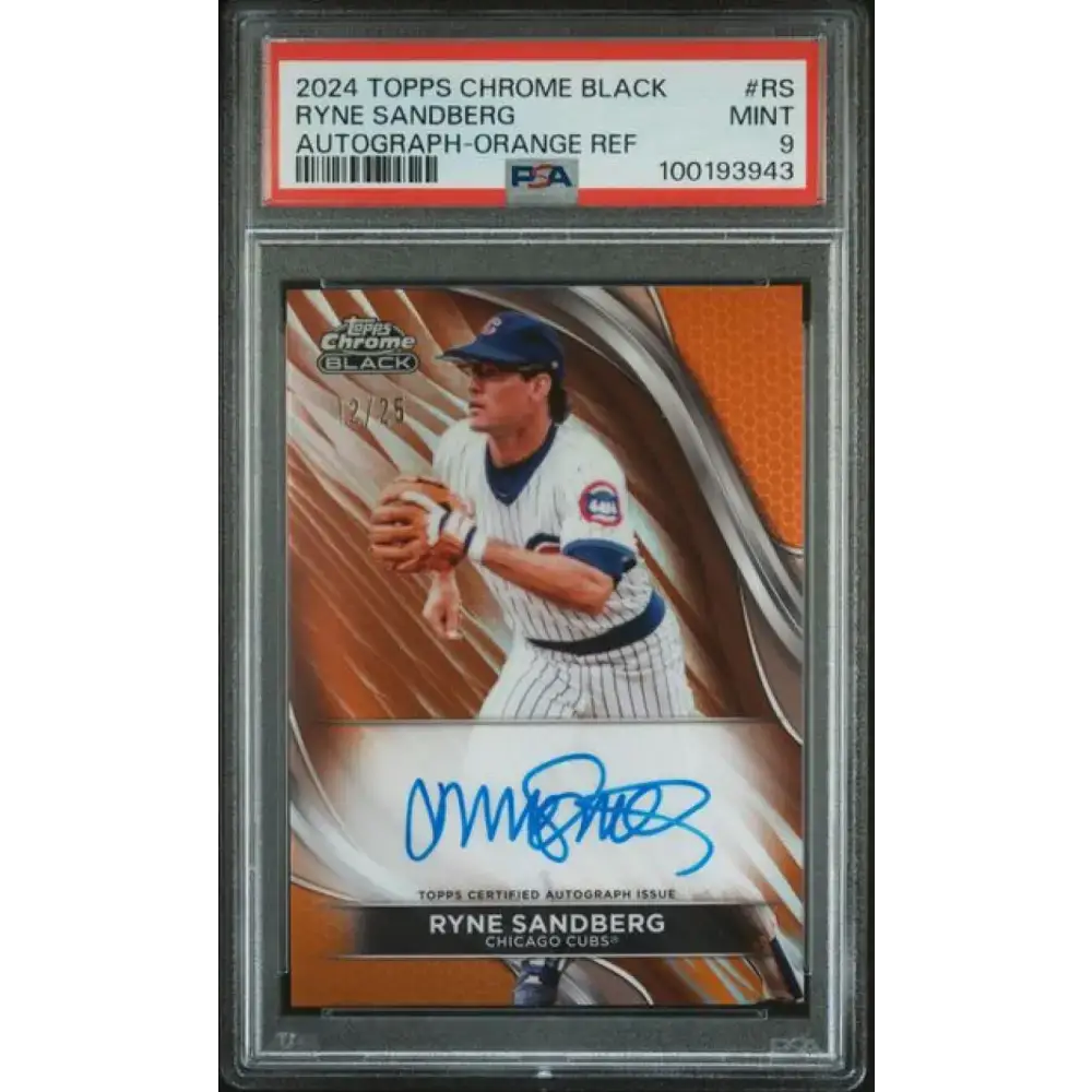2024 Topps Chrome Black Refractor Orange #CBA-RS Ryne Sandberg PSA 9 MINT Auto 12/25 Chicago Cubs Baseball Card