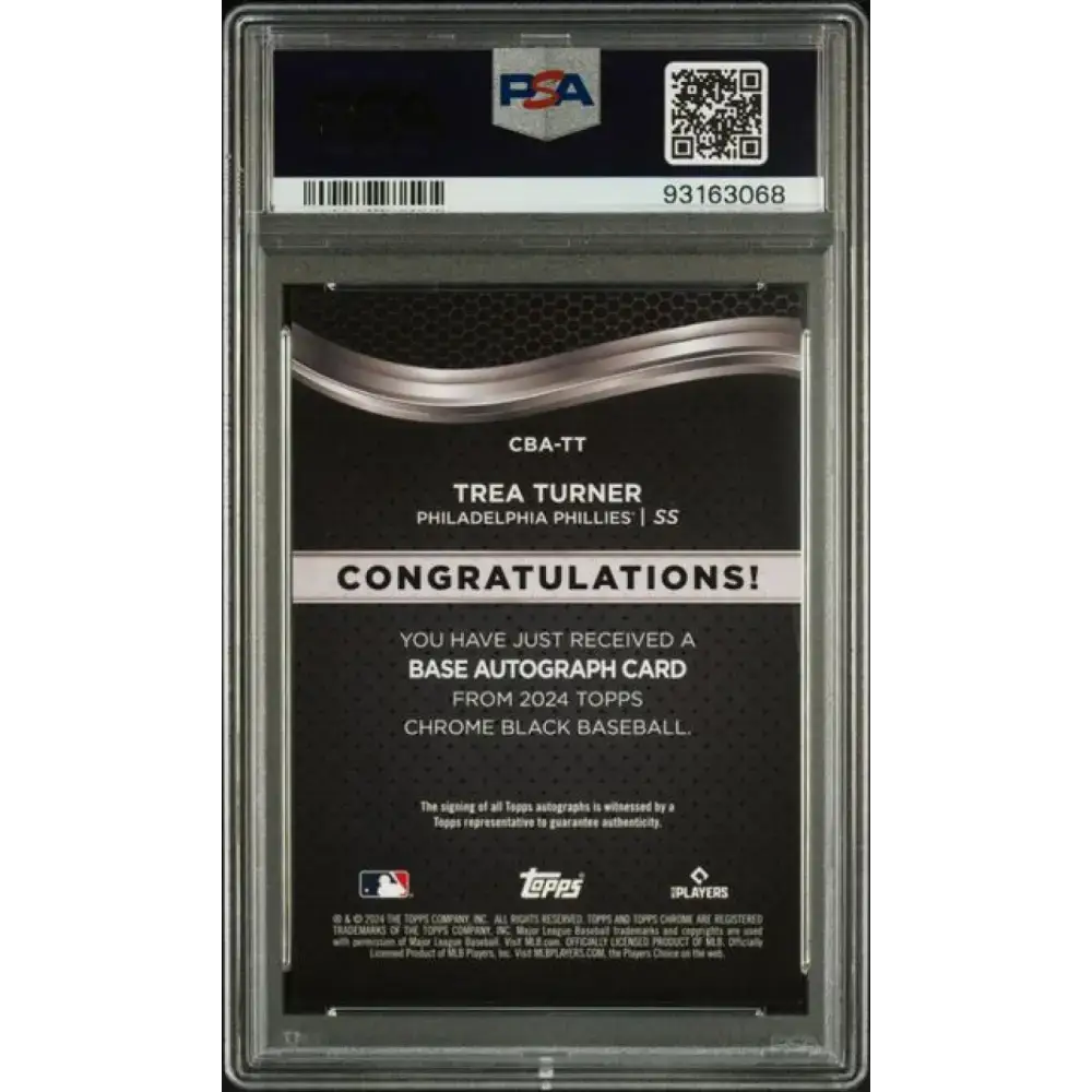 2024 Topps Chrome Black Refractor Orange #CBA-TT Trea Turner PSA 9 MINT Auto 3/25 Philadelphia Phillies Baseball Card