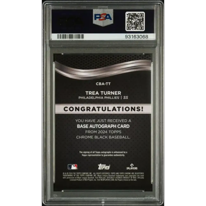 2024 Topps Chrome Black Refractor Orange #CBA-TT Trea Turner PSA 9 MINT Auto 3/25 Philadelphia Phillies Baseball Card