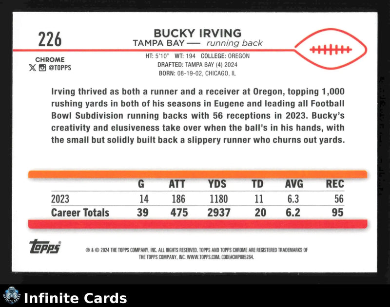 2024 Topps Chrome BUCKY IRVING #226 Tampa Bay Buccaneers RC - Football Card Single