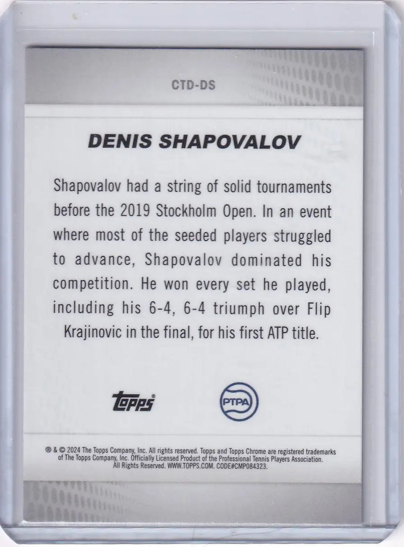 Trading card featuring Denis Shapovalov’s 2019 Stockholm Open performance, Topps Chrome Captured
