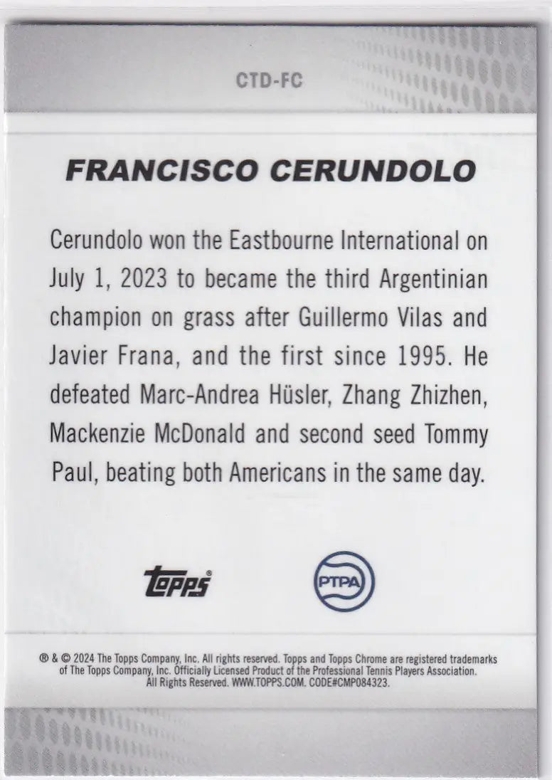 Trading card back of Francisco Cerundolo’s 2023 Eastbourne win from Topps Chrome Captured