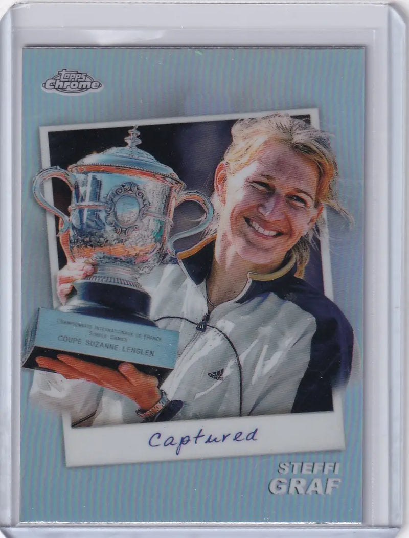 Tennis player holding French Open trophy in 2024 Topps Chrome Captured card