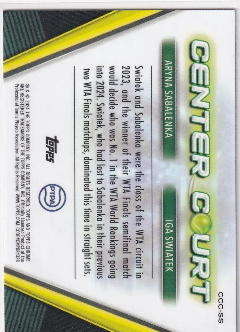 Topps Chrome Center Court trading card featuring Iga Swiatek with green and yellow design