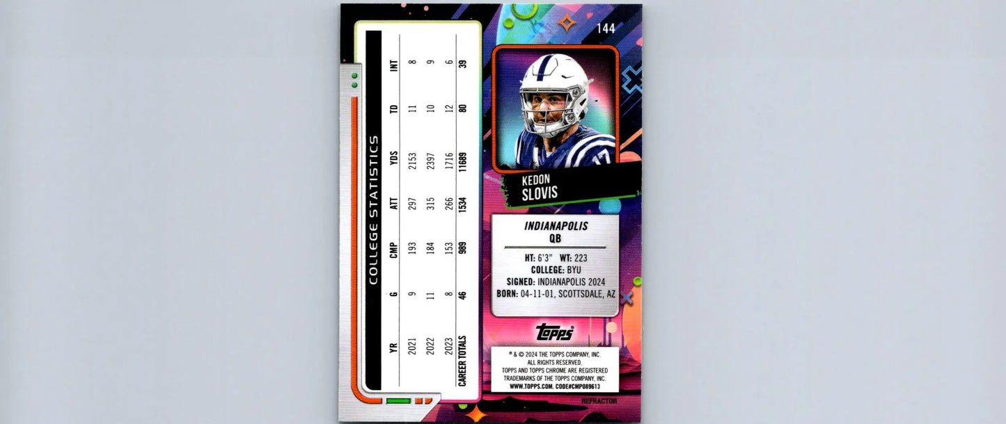 Football trading card featuring Kedon Slovis with college stats from 2024 Topps Chrome Cosmic