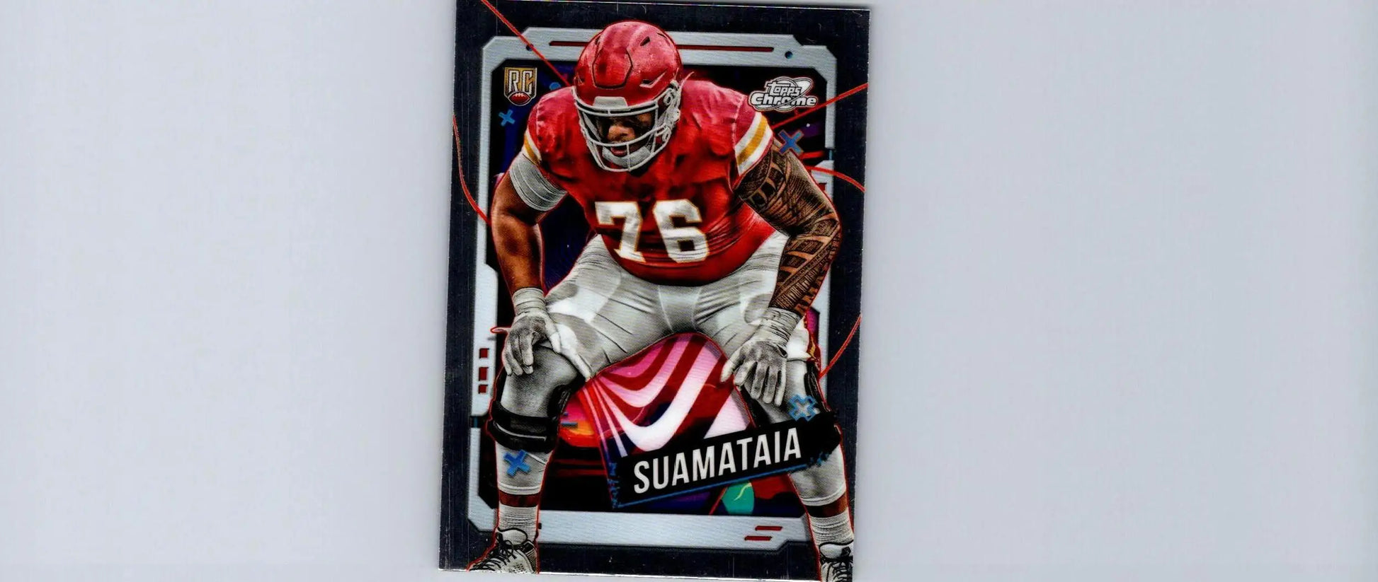 Football trading card featuring Kingsley Suamataia in red and white uniform from 2024 Topps Chrome Cosmic