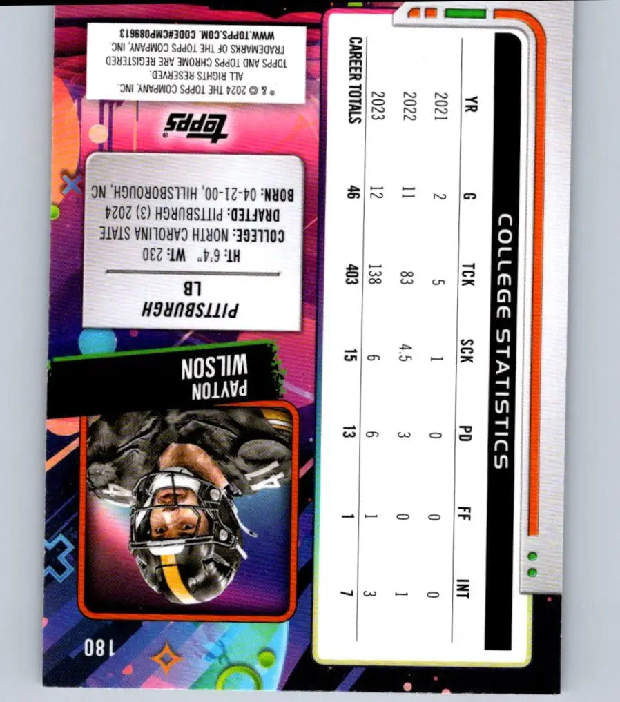 Football trading card featuring Payton Wilson stats and biographical info from Topps Chrome Cosmic