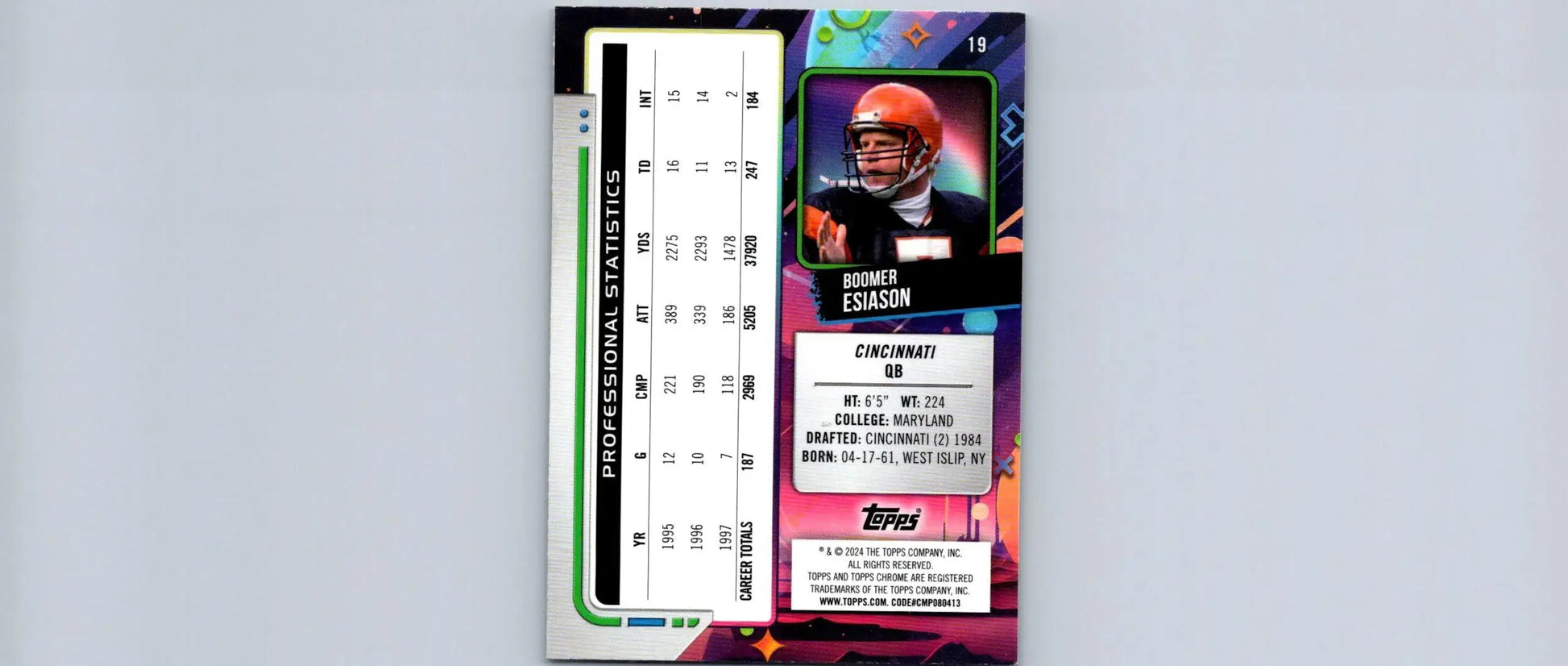2024 Topps Chrome Cosmic Boomer Esiason football trading card with career stats