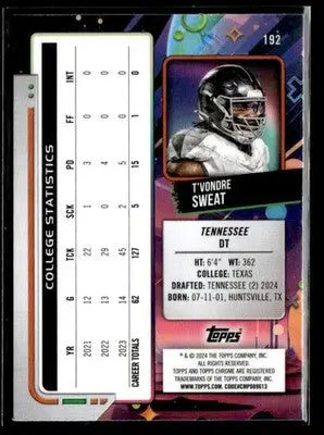 2024 Topps Chrome Cosmic #192 T’Vondre Sweat - Football Card Single