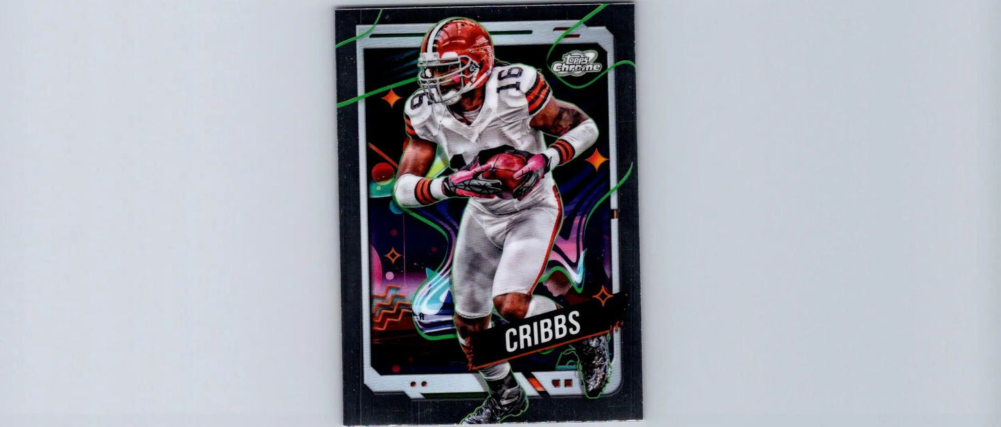 Football trading card featuring Josh Cribbs in white and brown uniform from 2024 Topps Chrome Cosmic