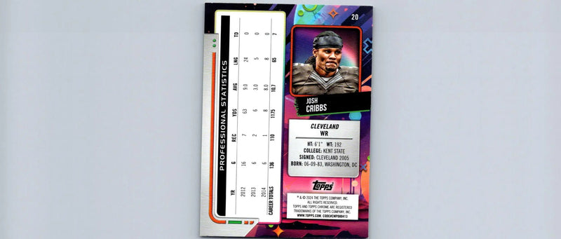 Sports trading card featuring Josh Cribbs from 2024 Topps Chrome Cosmic collection