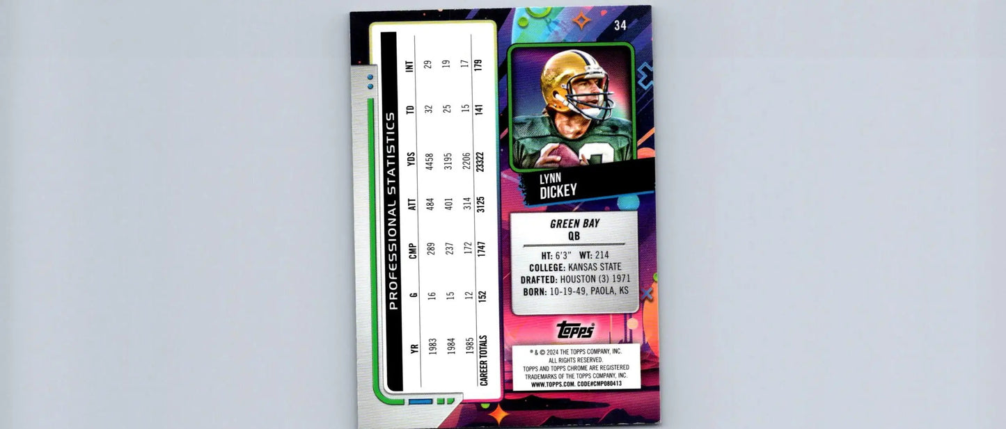 Collectible Lynn Dickey 2024 Topps Chrome Cosmic football card with player stats
