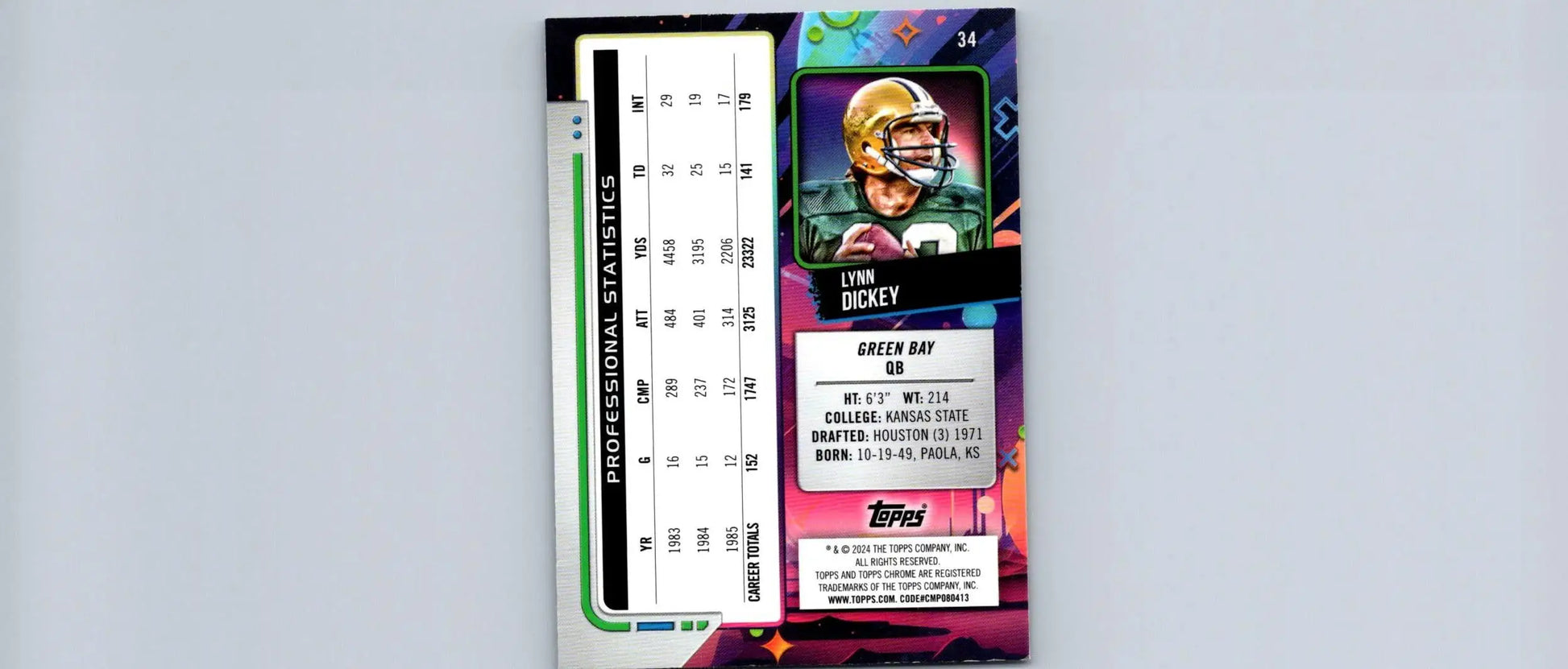 Collectible Lynn Dickey 2024 Topps Chrome Cosmic football card with player stats