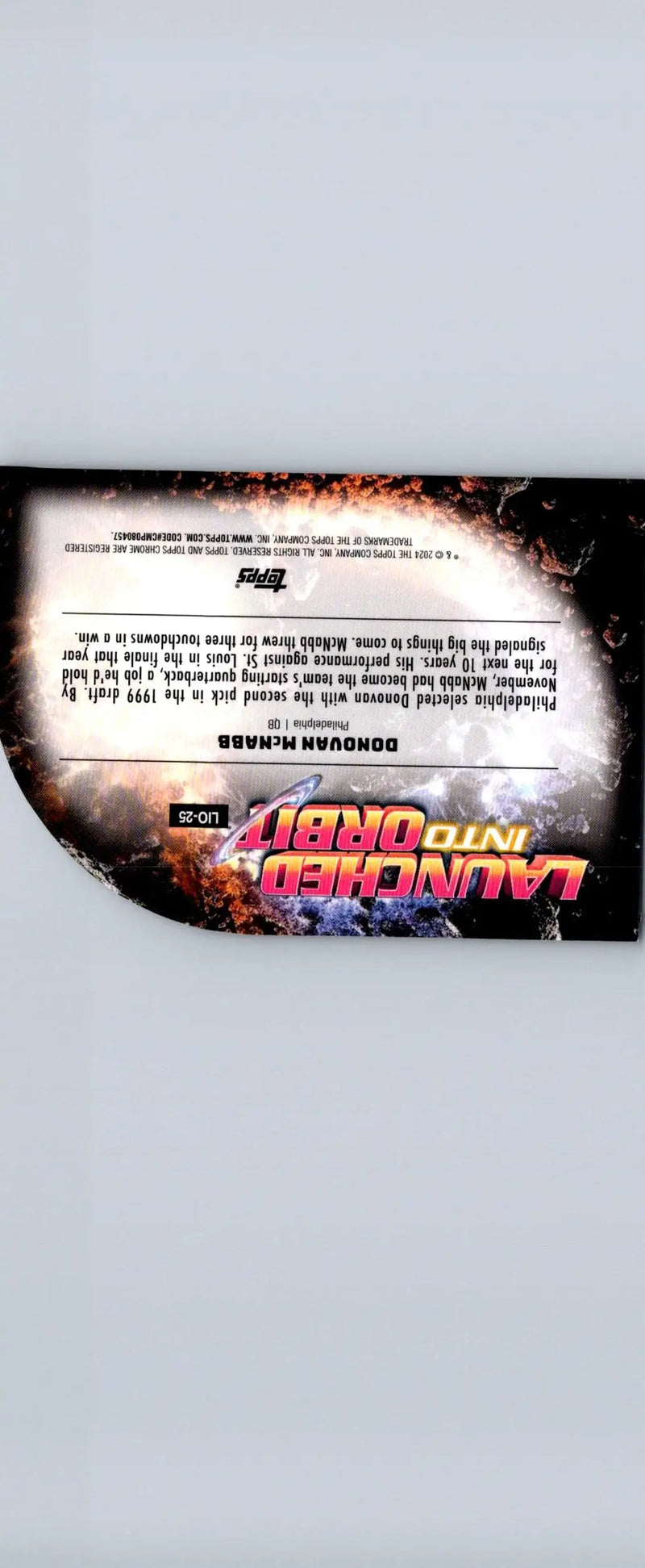 Back of a 2024 Topps Chrome Cosmic Donovan McNabb Launched Into Orbit trading card