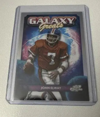 Football trading card of John Elway in protective case from 2024 Topps Chrome Cosmic Galaxy Greats