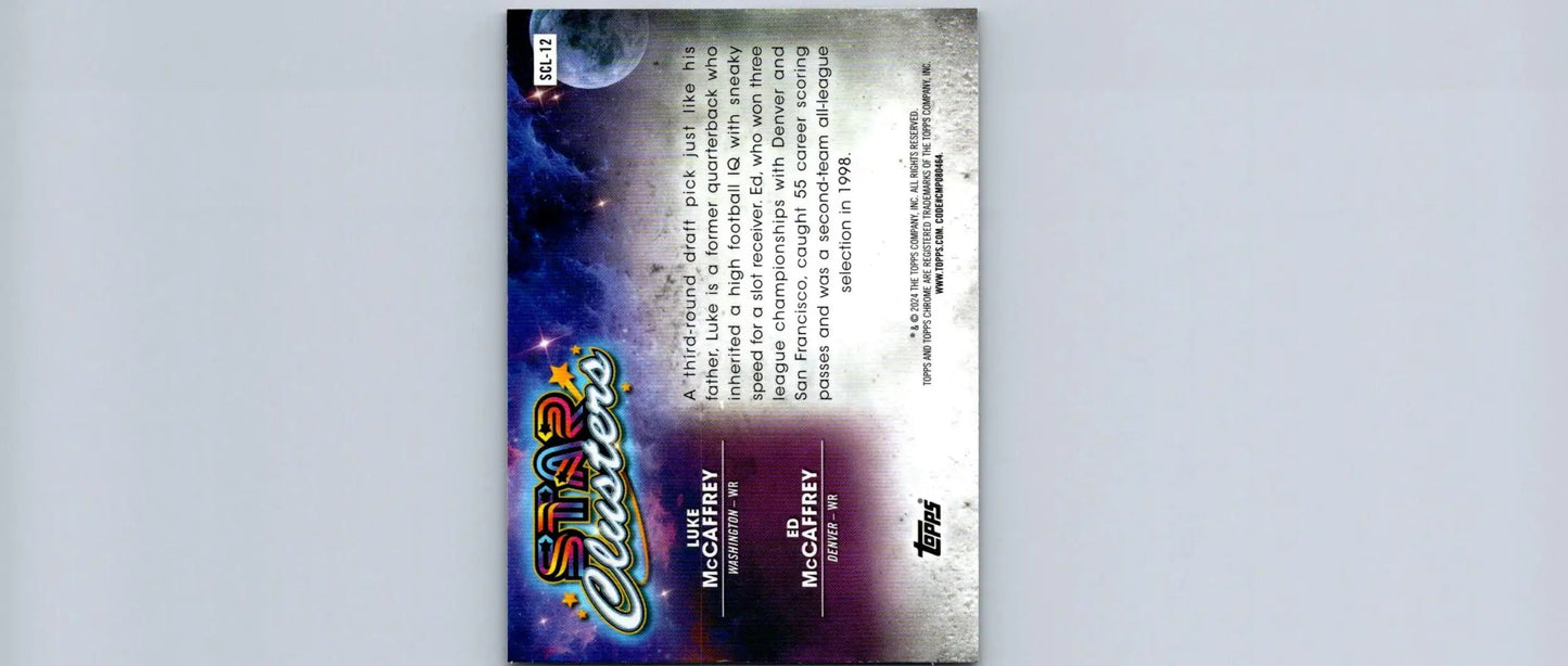 Collectible trading card of Luke and Ed McCaffrey from 2024 Topps Chrome Cosmic Luke McCaffrey Star series