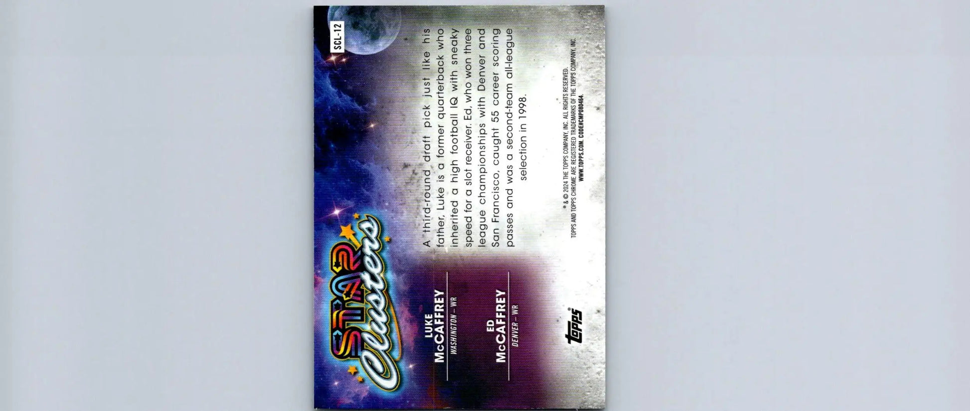 Collectible trading card of Luke and Ed McCaffrey from 2024 Topps Chrome Cosmic Luke McCaffrey Star series