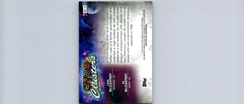 Collectible trading card of Luke and Ed McCaffrey from 2024 Topps Chrome Cosmic Luke McCaffrey Star series