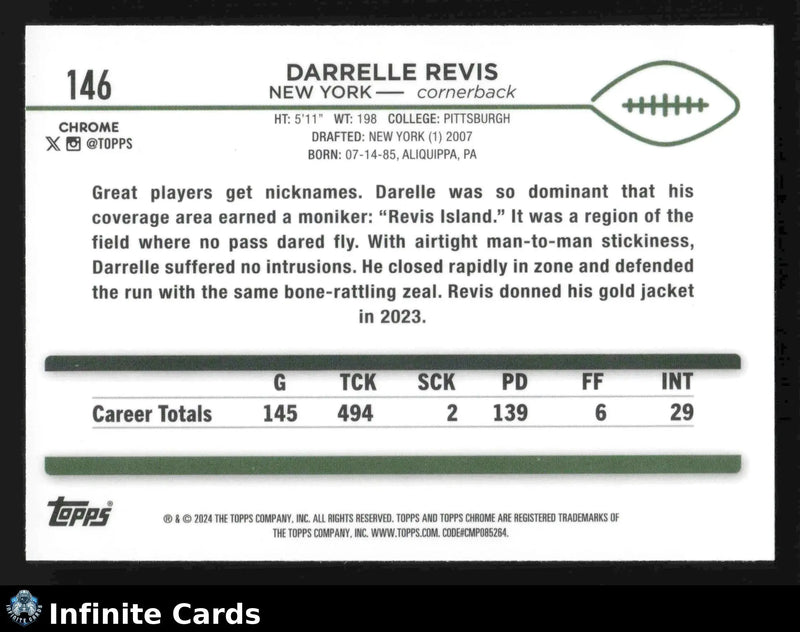 2024 Topps Chrome DARRELLE REVIS #146 New York Jets HOF - Football Card Single