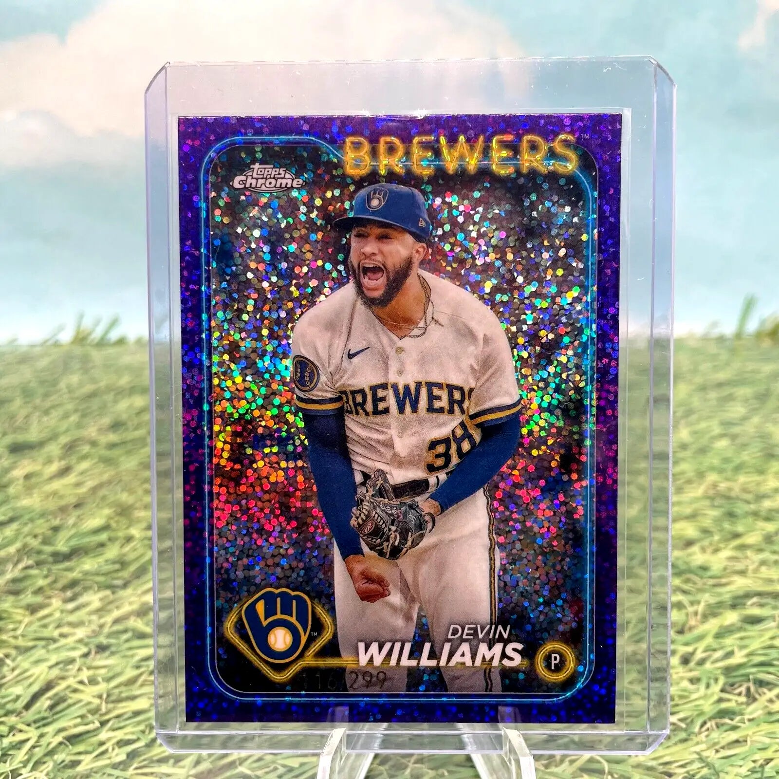 Devin Williams baseball card 2024 Topps Chrome Purple Speckle Refractor Milwaukee Brewers