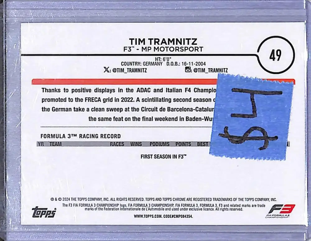 2024 Topps Chrome F1 Checkered Flag #49 Tim Tramnitz NM-MT - Racing Card Single