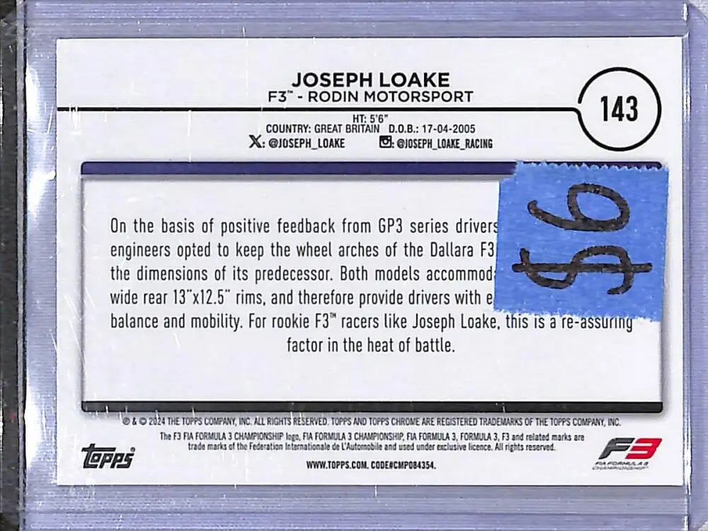 2024 Topps Chrome F1 Negative Ray-Wave #143 Joseph Loake NM-MT - Racing Card Single