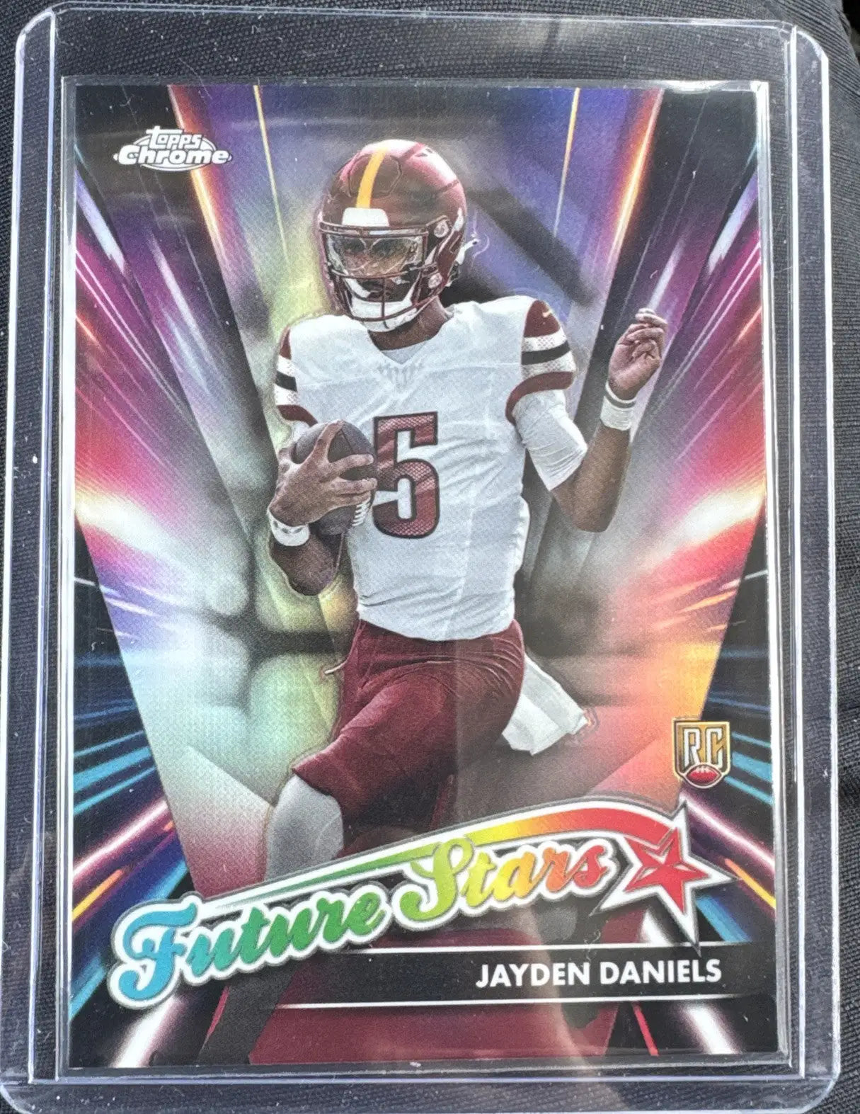 Football trading card of Jayden Daniels Future Stars from 2024 Topps Chrome Refractor