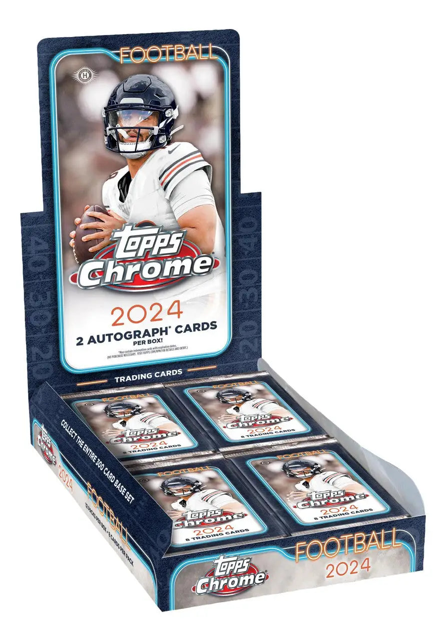 2024 Topps Chrome Football Hobby Box showcasing Topps Chrome football cards in a box