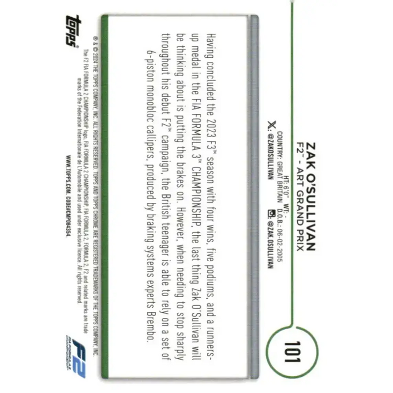 2024 Topps Chrome Formula 1 #101 Zak O’Sullivan EX Excellent F2 - ART Grand Prix Racing Card - Racing Card Single