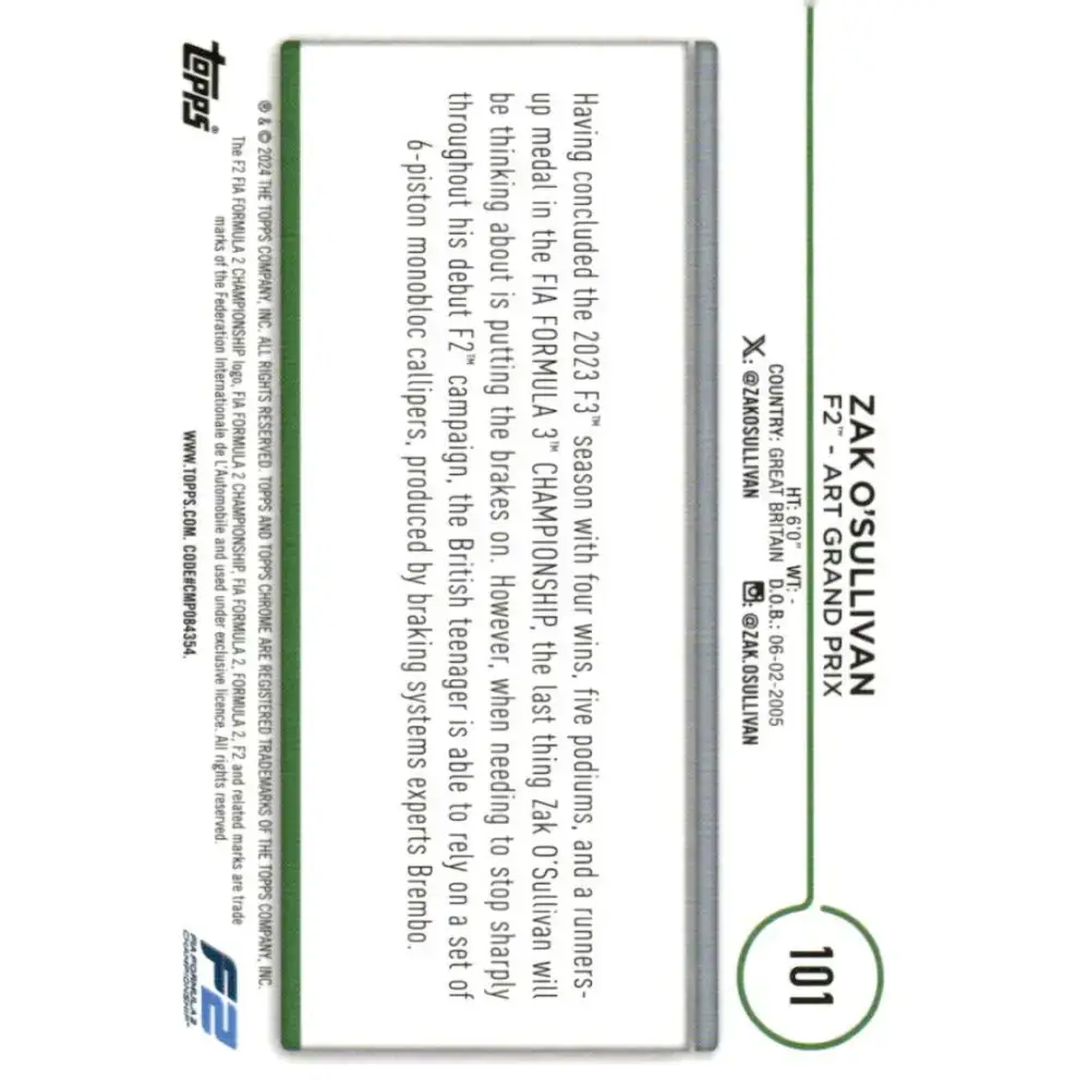 2024 Topps Chrome Formula 1 #101 Zak O’Sullivan NM-MT F2 - ART Grand Prix Racing Card - Racing Card Single