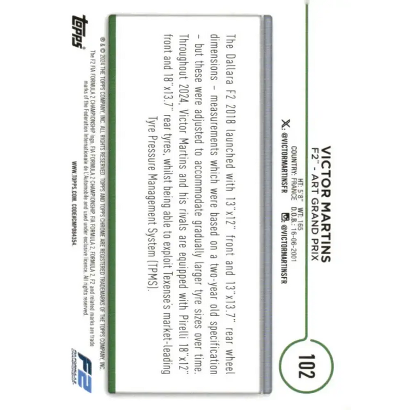 2024 Topps Chrome Formula 1 #102 Victor Martins EX Excellent F2 - ART Grand Prix Racing Card - Racing Card Single
