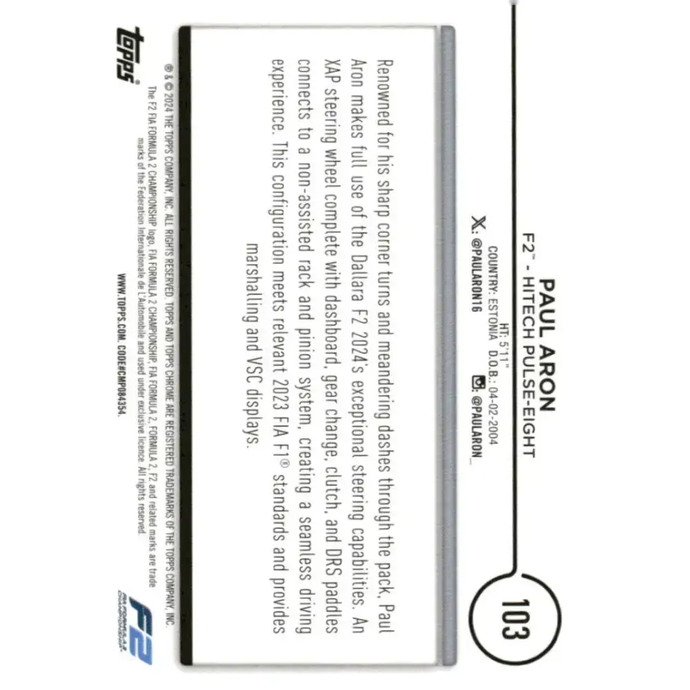 2024 Topps Chrome Formula 1 #103 Paul Aron EX Excellent F2 - Hitech Pulse-Eight Racing Card - Racing Card Single