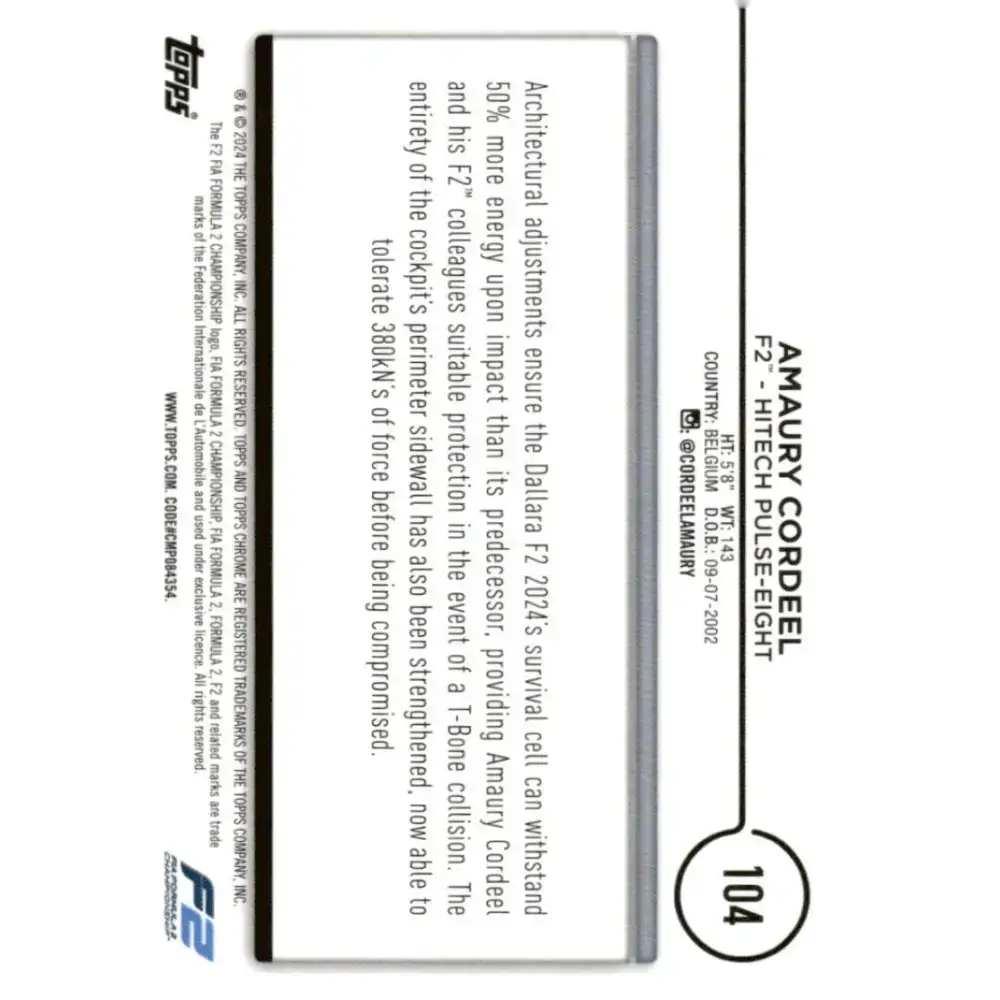 2024 Topps Chrome Formula 1 #104 Amaury Cordeel EX Excellent F2 - Hitech Pulse-Eight Racing Card - Racing Card Single