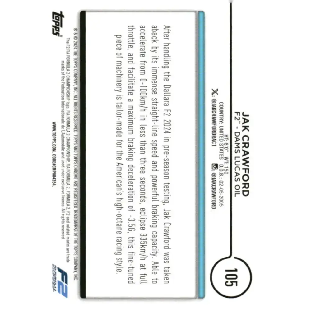 2024 Topps Chrome Formula 1 #105 Jak Crawford EX Excellent F2 - DAMS Lucas Oil Racing Card - Racing Card Single