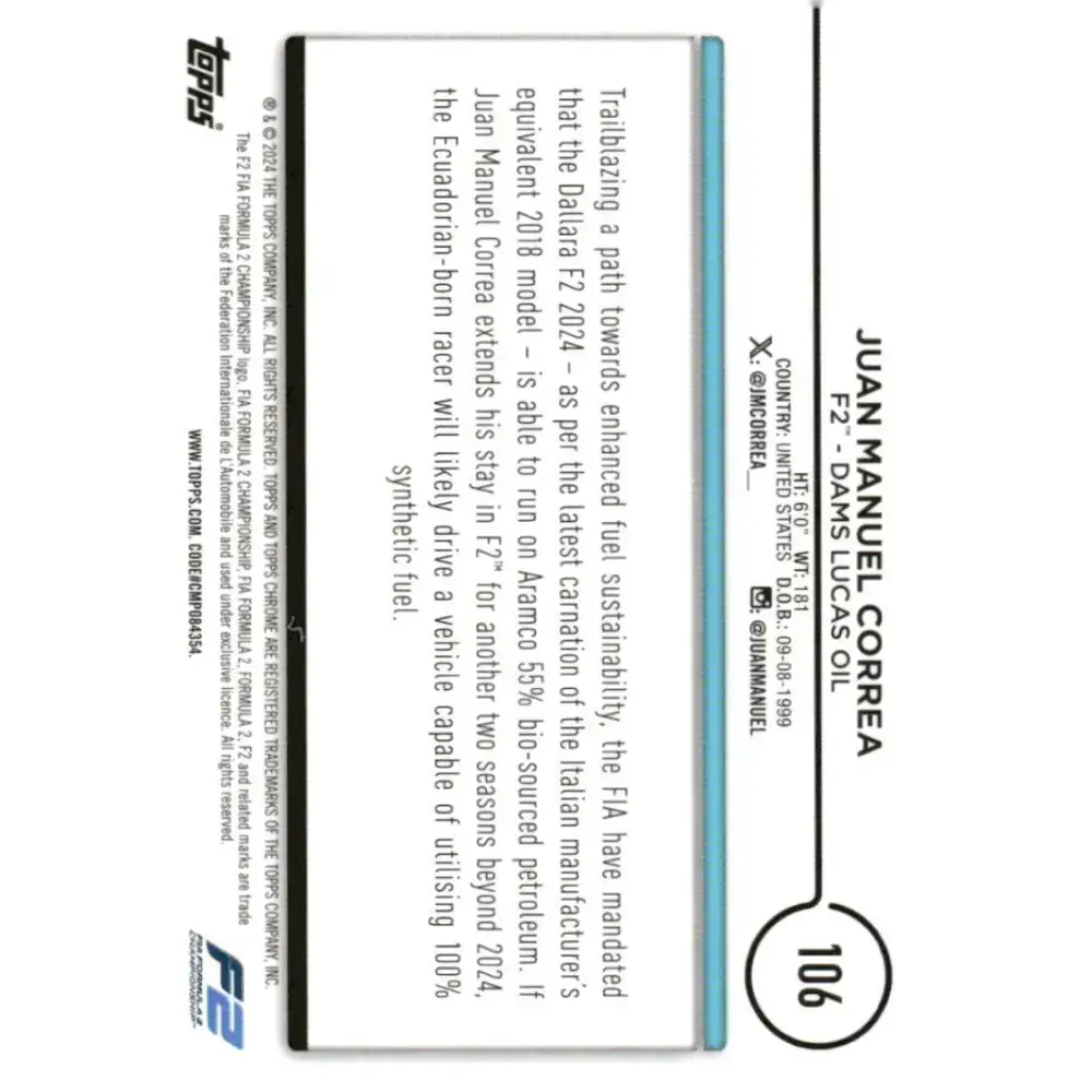 2024 Topps Chrome Formula 1 #106 Juan Manuel Correa EX Excellent F2 - DAMS Lucas Oil Racing Card