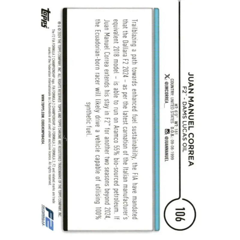 2024 Topps Chrome Formula 1 #106 Juan Manuel Correa EX Excellent F2 - DAMS Lucas Oil Racing Card