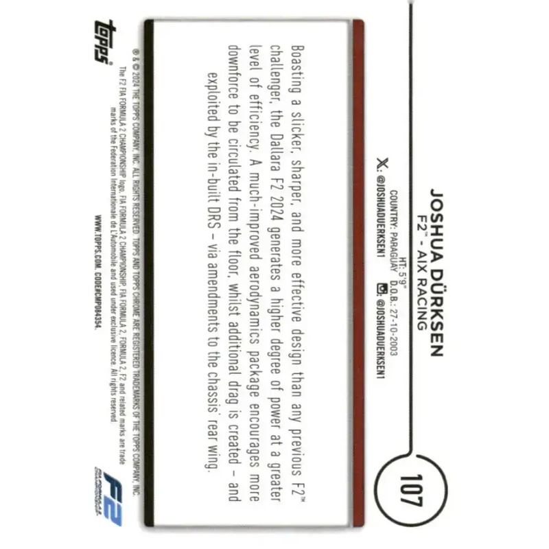 2024 Topps Chrome Formula 1 #107 Joshua Durksen EX Excellent F2 - AIX Racing Racing Card - Racing Card Single