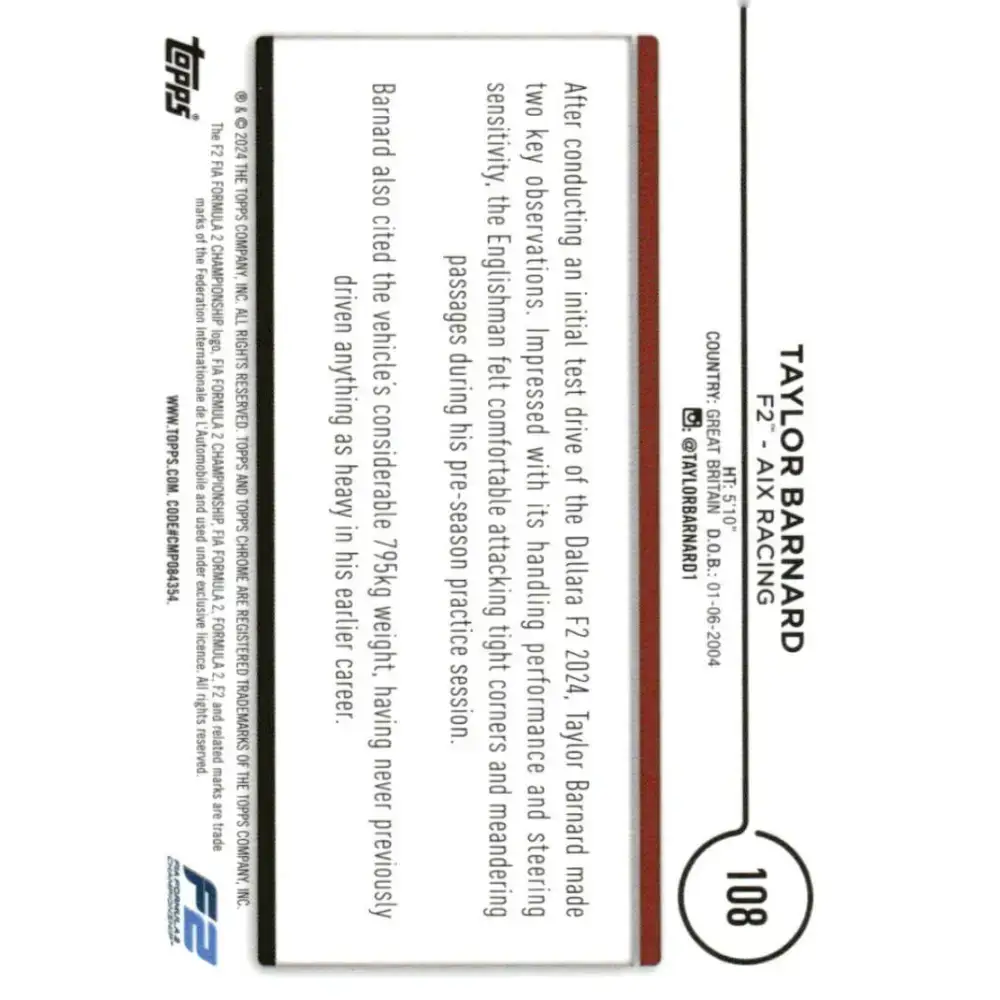 2024 Topps Chrome Formula 1 #108 Taylor Barnard NM-MT F2 - AIX Racing Racing Card - Racing Card Single