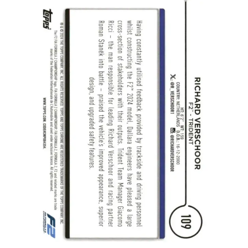 2024 Topps Chrome Formula 1 #109 Richard Verschoor EX Excellent F2 - Trident Racing Card - Racing Card Single