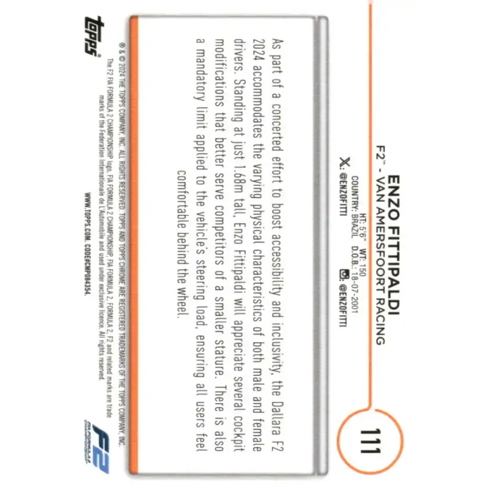 2024 Topps Chrome Formula 1 #111 Enzo Fittipaldi EX Excellent F2 - Van Amersfoort Racing Racing Card